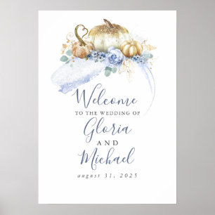 Poster Citrouilles Florales Bleu Poussiéreux Mariage d'Au