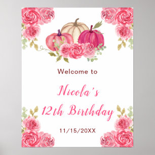 Poster Citrouilles floraux roses chauds Accueil d'anniver