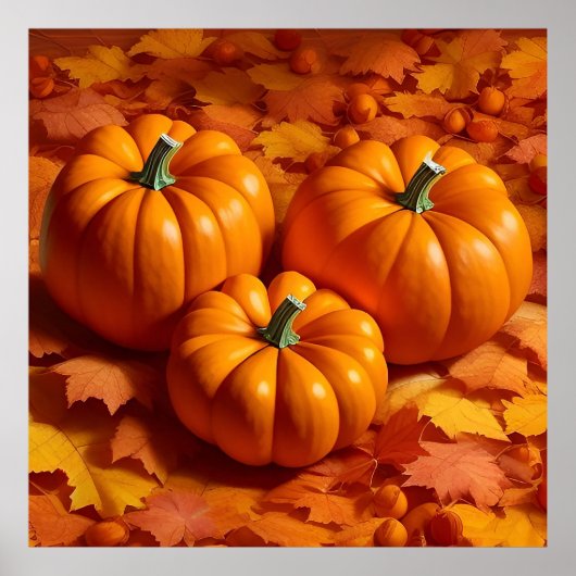 Poster Citrouilles Orange Clair avec Feuilles d'Automne (Devant)