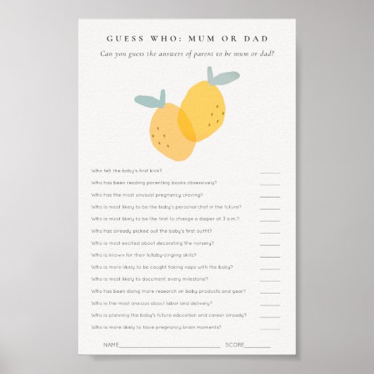 Poster Citrus Citrus Baby shower Devinez Qui maman ou pap (Devant)