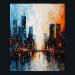 Poster Cityscape dans les deux tons<br><div class="desc">Une peinture expressionniste vibrante et abstraite d'un paysage urbain moderne la nuit. L'image est scindée, contrastant les bleus cool et blancs sur la gauche avec des oranges chaudes et des rouges enflammés sur la droite. De grands gratte-ciel sombres se reflètent dans l'eau en contrebas, mis en évidence par les fenêtres...</div>