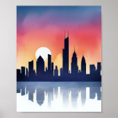 Poster Cityscape Silhouette at Sunset Reflection (Devant)