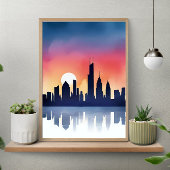 Poster Cityscape Silhouette at Sunset Reflection