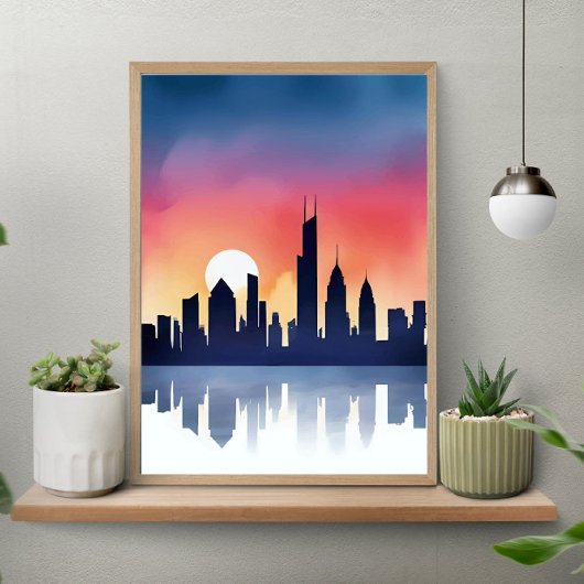 Poster Cityscape Silhouette at Sunset Reflection