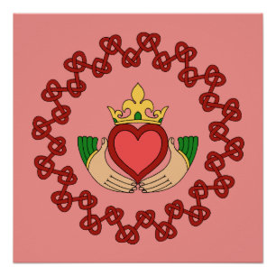 Poster Claddagh et Knotwork rouge sur le rose