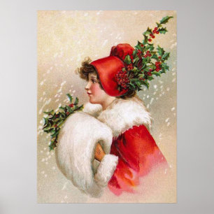 Poster Clapsaddle : Fille d'hiver avec le casquette de