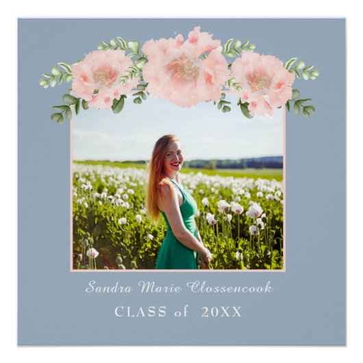 Poster Classe chic Dusty Blue Rose floral graduation 2021 (Devant)