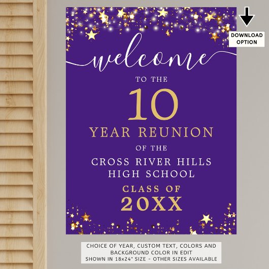 Poster Classe Reunion Welcome Purple Gold Stars Script