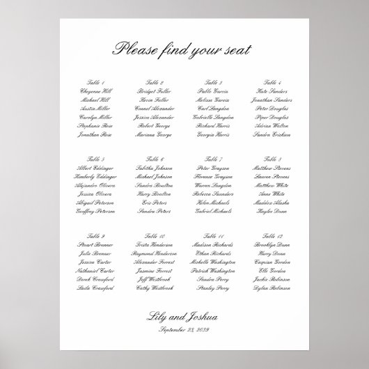 Poster Classic Black and White Wedding Seating Chart (Devant)
