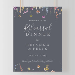 Poster Classic Blue Wild Floral Rehearsal Dinner Welcome 