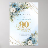 Poster Classic boho blue florals eucalyptus 90th birthday (Devant)