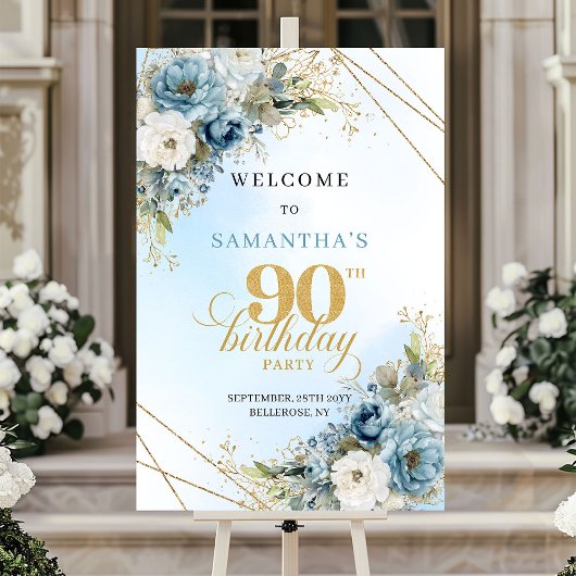 Poster Classic boho blue florals eucalyptus 90th birthday