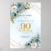 Poster Classic boho blue florals gold frame 90th birthday (Devant)