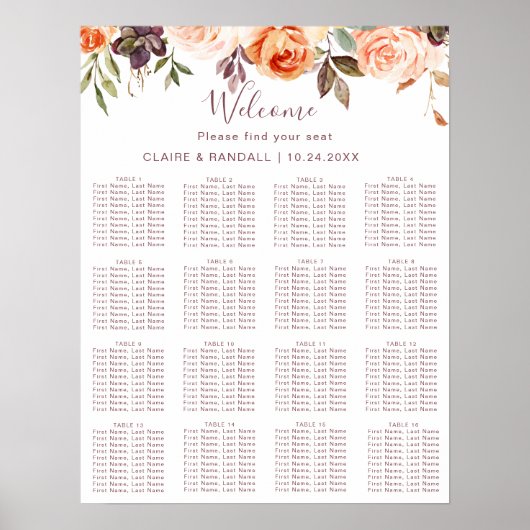 Poster Classic Chic Boho Floral Mariage Chart (Devant)