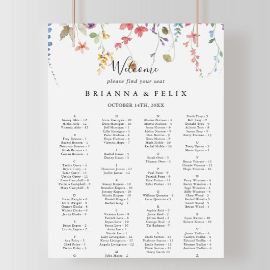 Poster Classic Colorful Floral Alphabetical Seating Chart