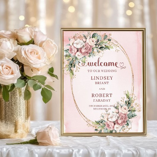 Poster Classic Dusty Pink Flowers Gold Welcome Sign