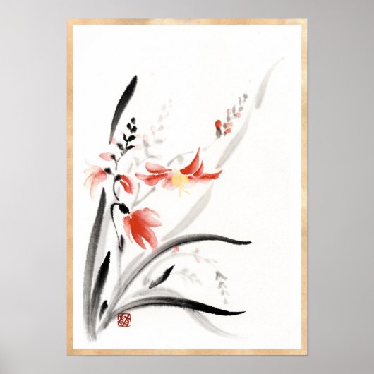 Poster Classic oriental chinese sumi-e ink flowers paint (Devant)