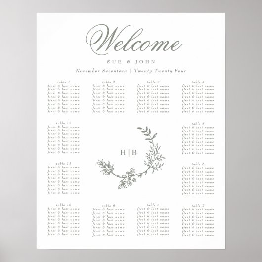 Poster Classic Sage Green Monogramme Wreath Floral Mariag (Devant)