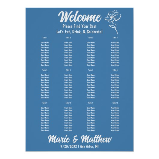 Poster Classic Steel Blue Floral Mariage Chart (Devant)