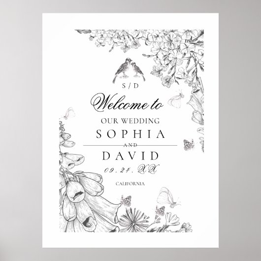 Poster Classic White Black Floral Wedding Welcome (Devant)
