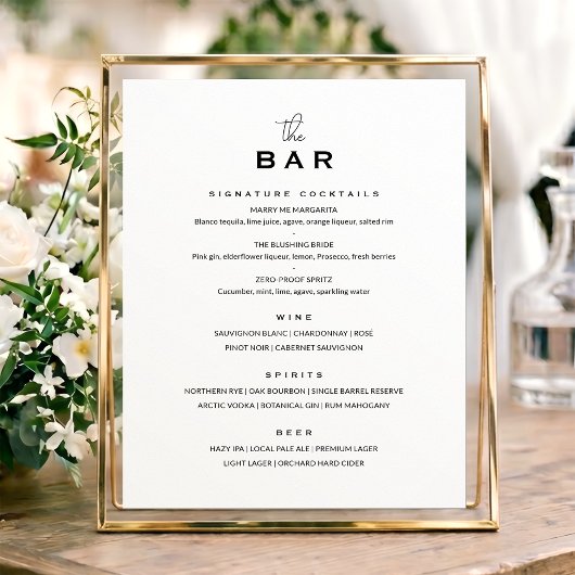 Poster Classique Panneau de Menu de Bar de Mariage Minima