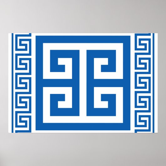 Poster Clé grecque Motif bleu et blanc (Devant)