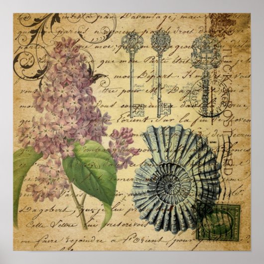 Poster clé steampunk français botanique violet lilas (Devant)