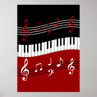 Poster Clés et notes de piano noir rouge élégant