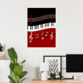 Poster Clés et notes de piano noir rouge élégant (Bureau à domicile)