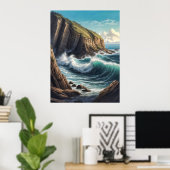 Poster Cliffside Brown Blue Ocean Waves Balnéaire (Bureau à domicile)