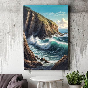 Poster Cliffside Brown Blue Ocean Waves Balnéaire