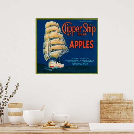 Poster Clipper Ship Apple Étiquette (vert) - Cashmere, WA (Cuisine)