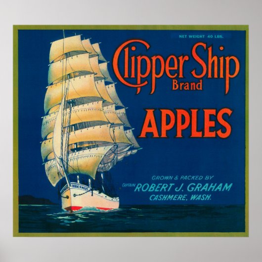 Poster Clipper Ship Apple Étiquette (vert) - Cashmere, WA (Devant)
