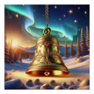 Poster Cloche de Noël dorée Scène hivernale enneigée Bril