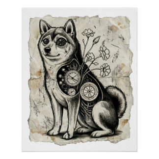 Poster Clockwork Shiba – Gothic Overthinking Dog Art