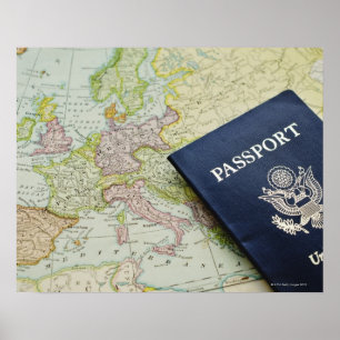 Poster Close-up of passport lying on European map