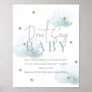 Poster Cloud 9 étoiles d'or Baby shower bleu Ne pas dire