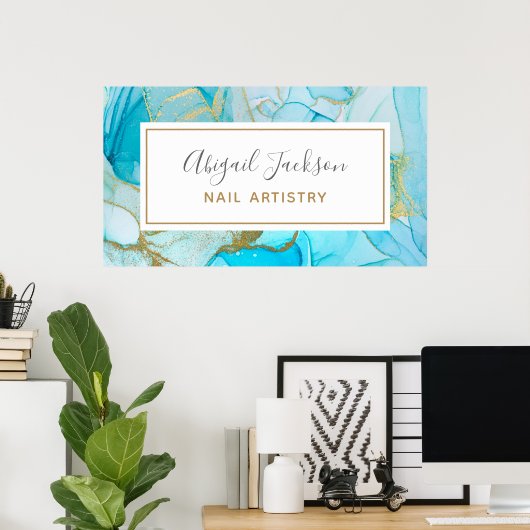 Poster Clous d'aquarelle or bleu océan Abstrait par nom (Bureau à domicile)