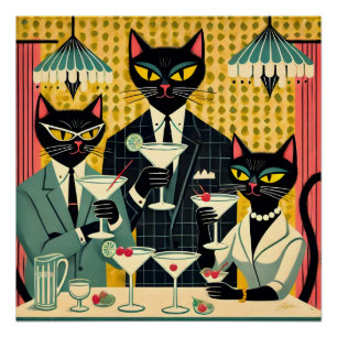 Poster Club de martini au chat noir rétro-futuriste