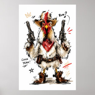 Poster Cluck Yeah ! Coq Cowboy avec Pistolets