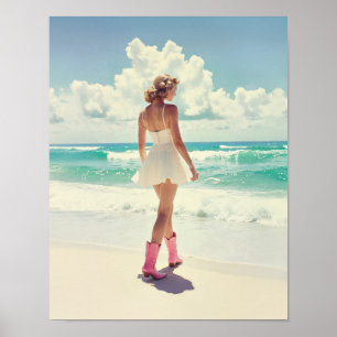 Poster Coastal Cowgirl - Bottes roses de style Vintage