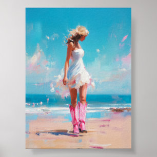 Poster Coastal Cowgirl - Bottes roses et robe blanche pla
