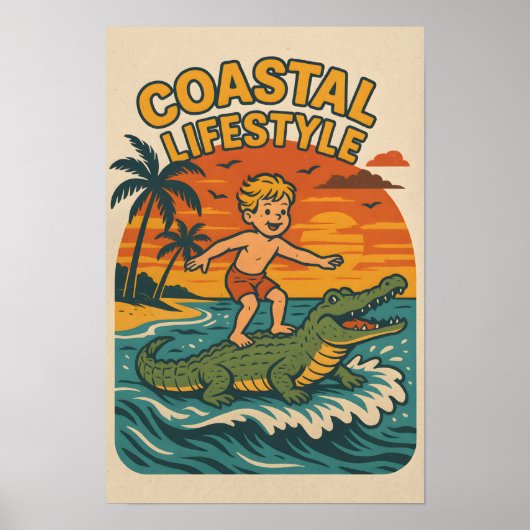 Poster Coastal Lifestyle Gator Surfing - Retro Surf Beach (Devant)
