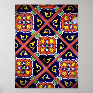 Poster Cobalt Blue Burange Orange Southwestern Tile Desig