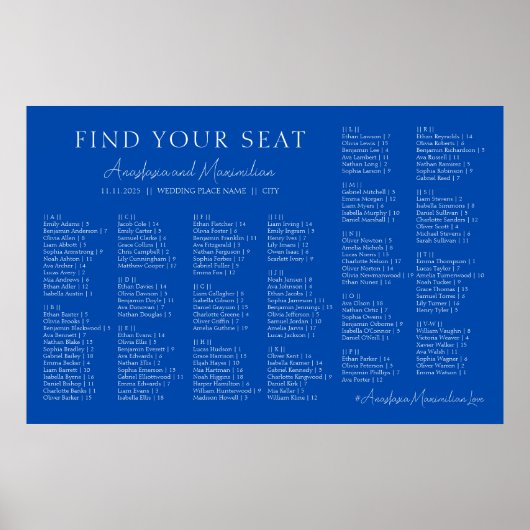 Poster Cobalt Blue Wedding Alphabetical Seating Chart (Devant)