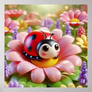Poster Coccinelle adorable assise sur une fleur rose