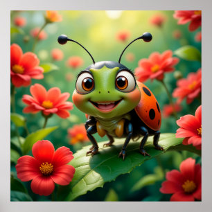 Poster Coccinelle de dessin animé adorable sur une feuill