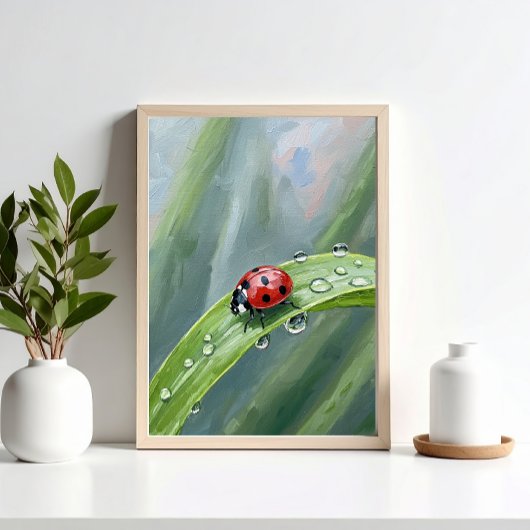 Poster Coccinelle sur une feuille couverte de rosée - Imp