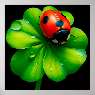 Poster Coccinelle sur une feuille recouverte de rosée