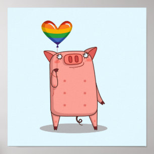 Poster Cochon Avec Ballon Arc-En-Ciel